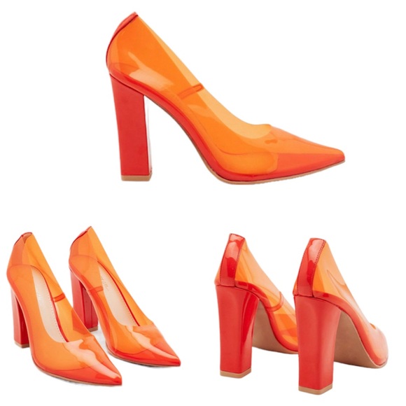 NEW Nasty Gal Clear Vinyl Patent Pointed Toe Block Heel Pumps Orange Retro 36 - Picture 2 of 8